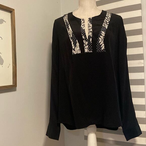 Diane von Furstenberg Black 100% Silk Winona Panther Printed Blouse Size 14 - Picture 1 of 11